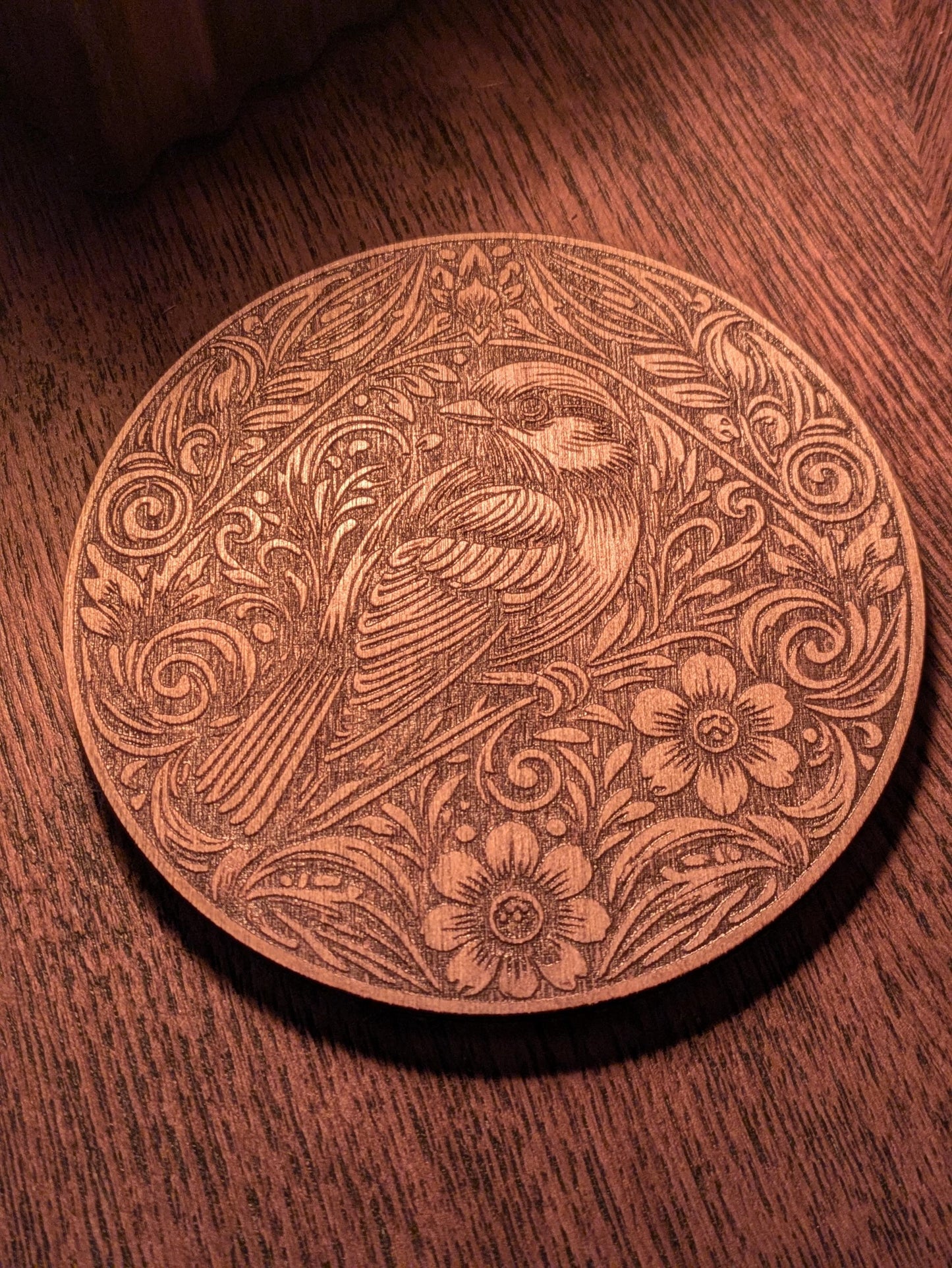 Little Sparrow Wooden Coaster – Laser Engraved Bird Design, Pine Stain, Felt Backing