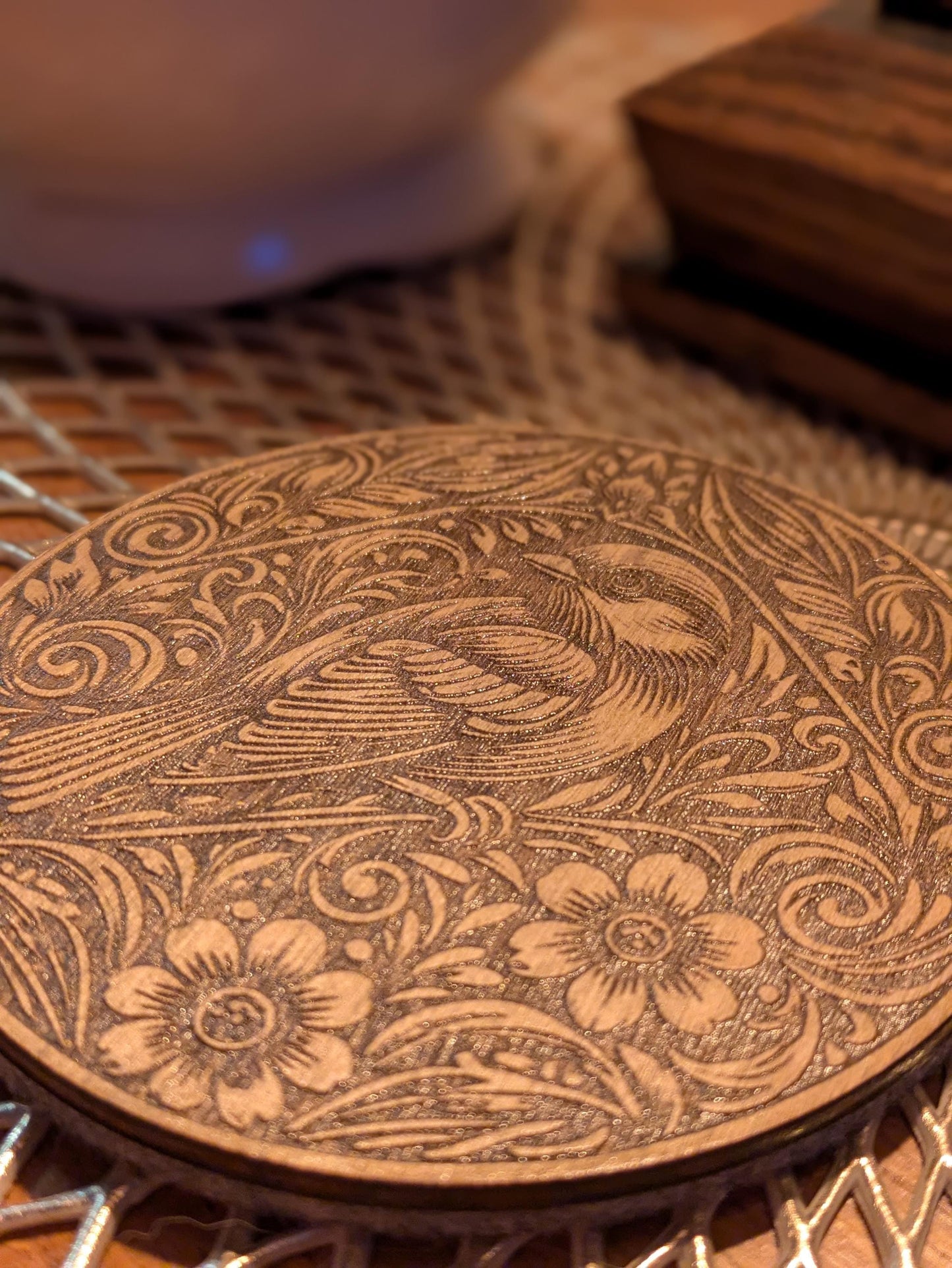 Little Sparrow Wooden Coaster – Laser Engraved Bird Design, Pine Stain, Felt Backing