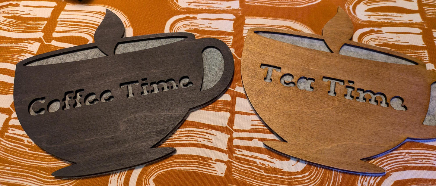 Tea Time Wooden Trivet | Laserleikattu teekuppisuunnittelu | Valinnainen Coffee Time -versio