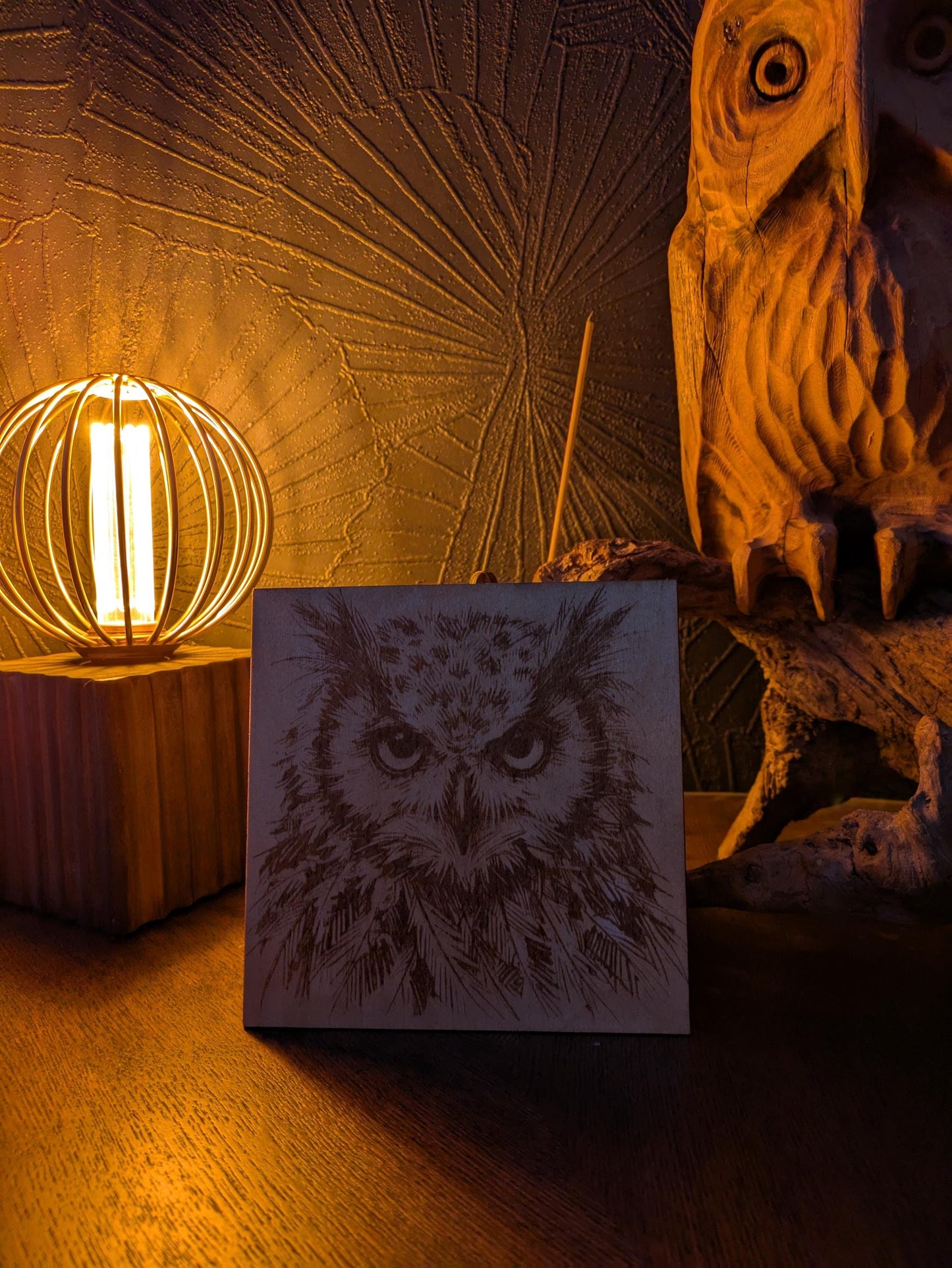 Wildwood Creatures – pohjoismainen metsäeläinseinätaide – puupaneeli – käsintehty – pöllö