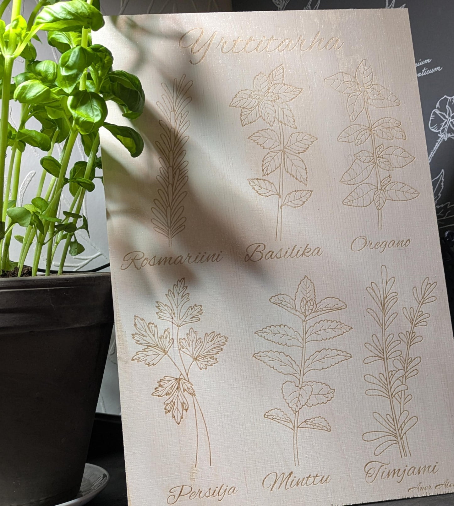 Laserkaiverrettu yrttipuutarha puinen kyltti | Sisä- ja ulkokäyttöön