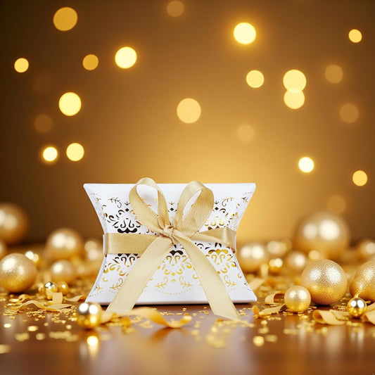 Valko-kultainen lahjarasia korvakoruille ja pienille lahjoille – 9 × 6,2 × 2,6 cm.