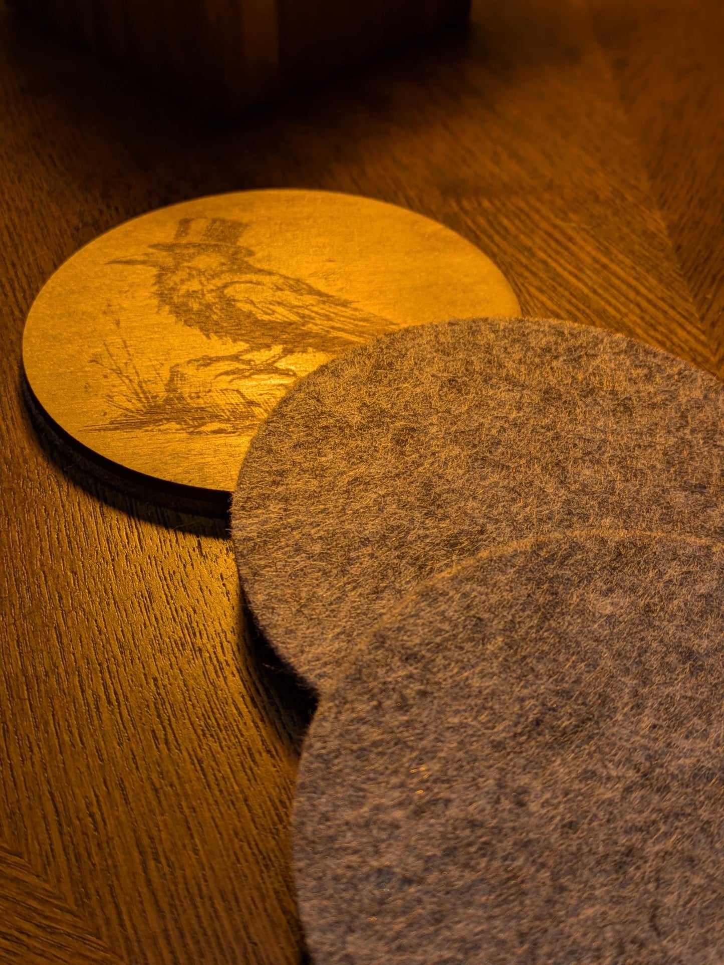 Raven Coasters – Mystical Woodland Drink Coasters – Nordic Bird Art – Birch Plywood & Felt – Handmade