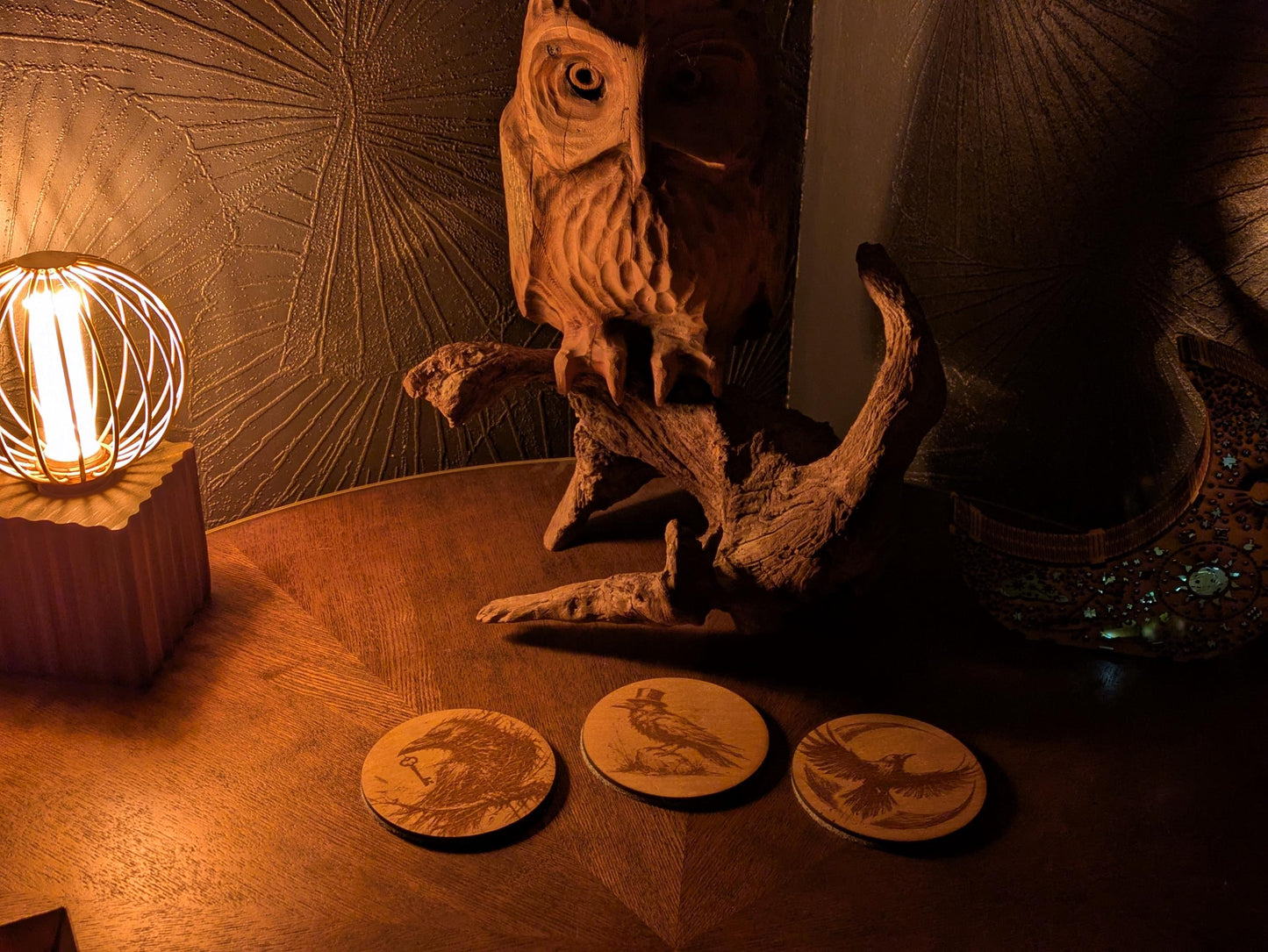 Raven Coasters – Mystical Woodland Drink Coasters – Nordic Bird Art – Birch Plywood & Felt – Handmade