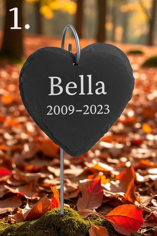 Sydämen muotoinen liuskekivinen muistokyltti