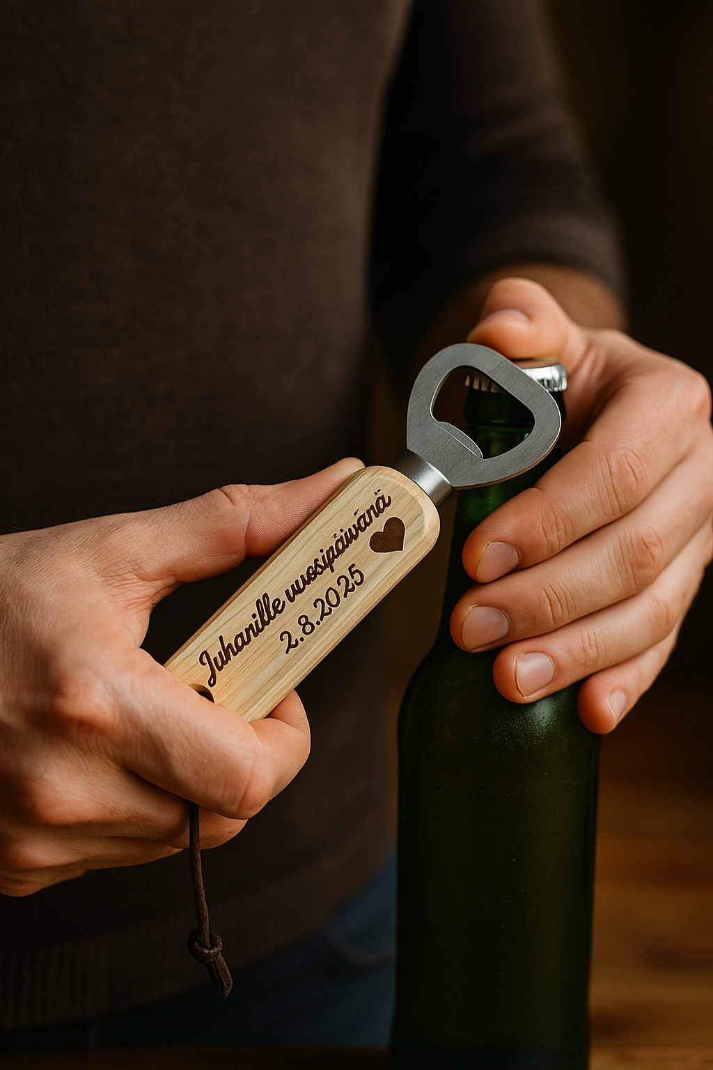 Personoitava puinen pullonavaaja – kaiverrettava kahva | 14 cm