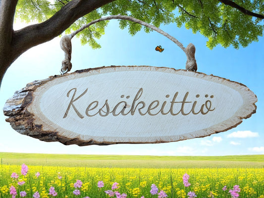 Kaiverrettu puinen ovikyltti | Oma tekstivaihtoehto | Juuttinaru | Mökin sisustus