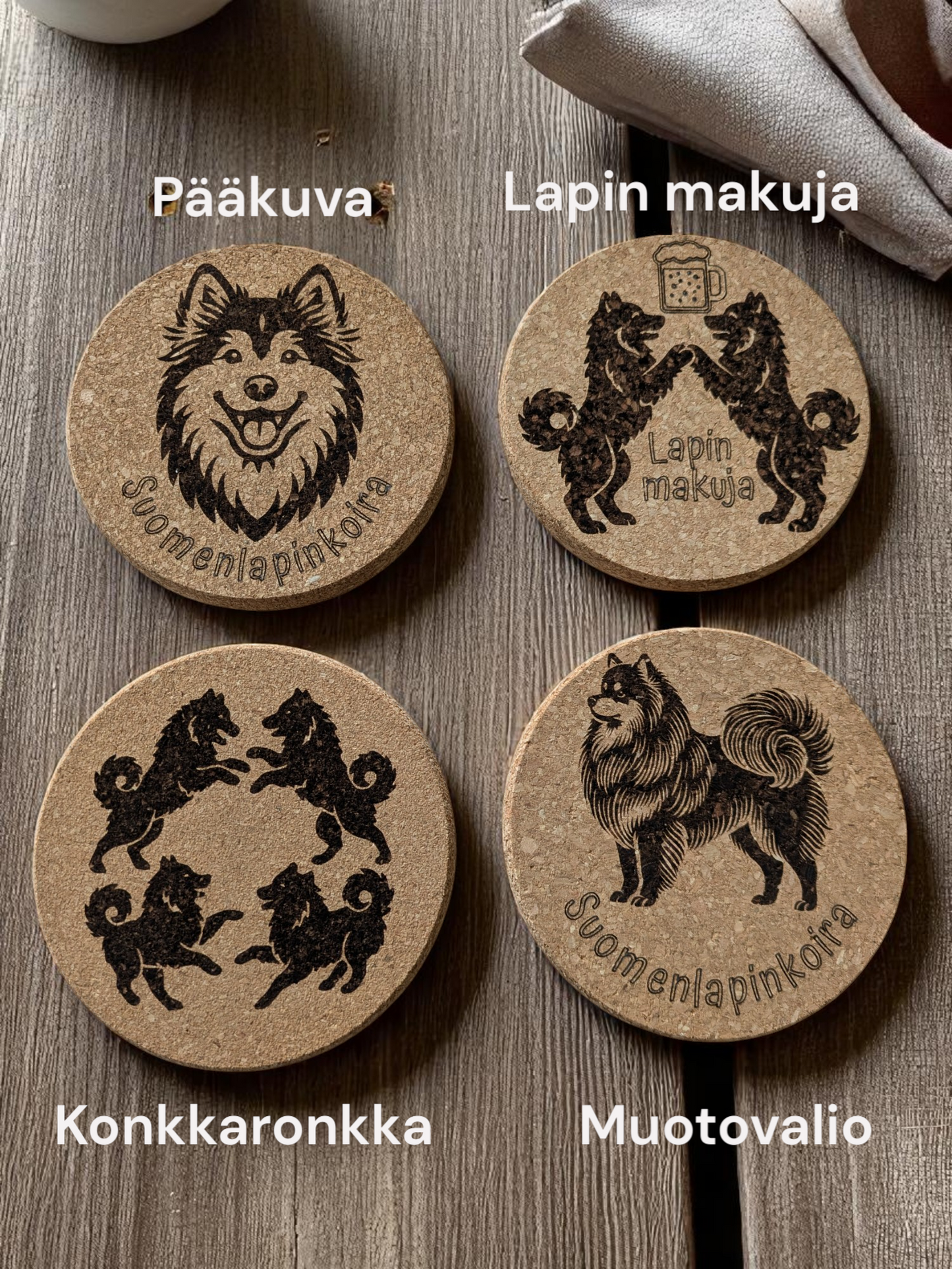 Suomenlapinkoira-lasinalussetti – 4 kpl kaiverrettua korkkia