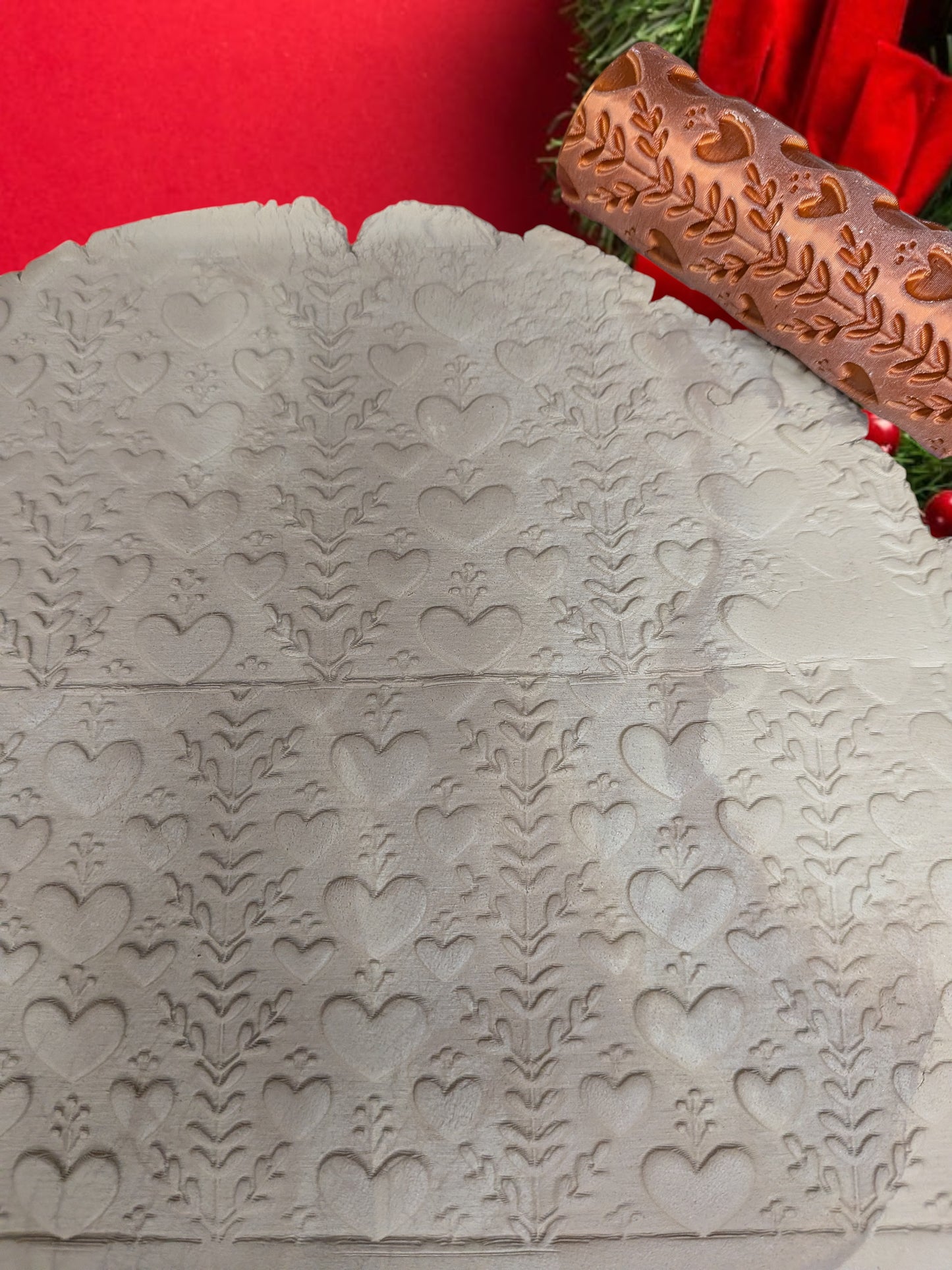 Christmas Hearts pattern roller for ceramics and polymer clay by Icewood Atelier