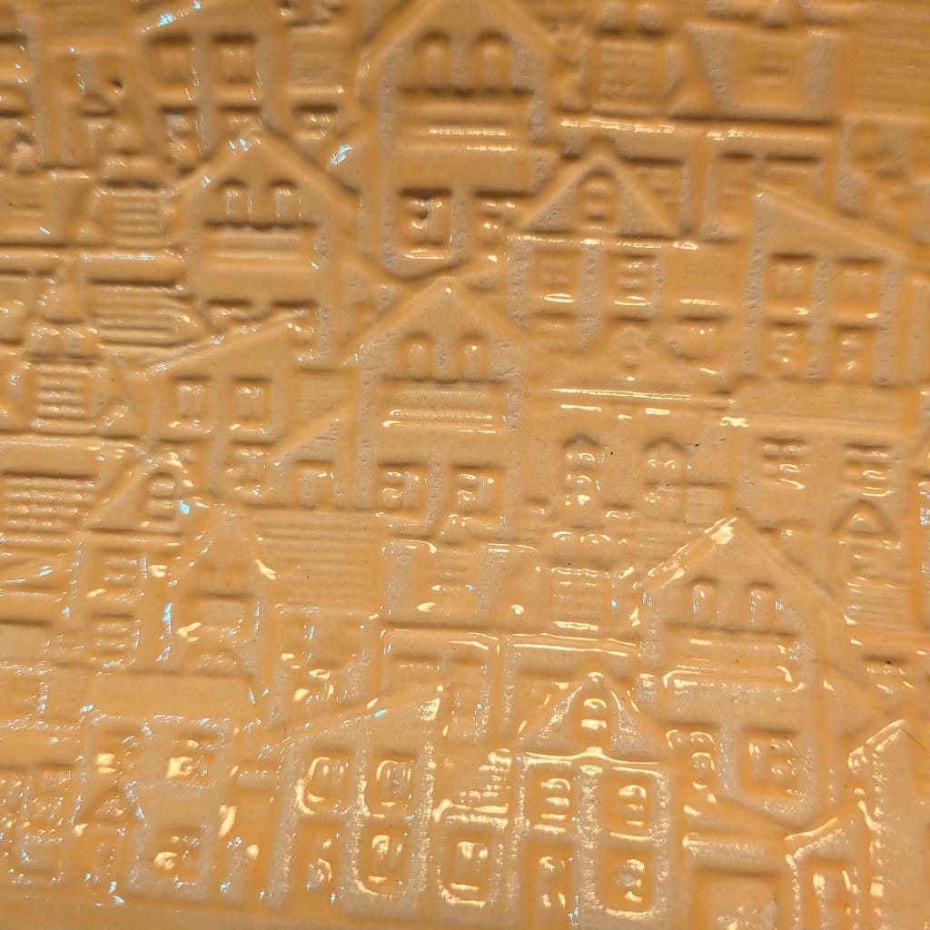 Handmade ceramic serving dish made in Finland, Town pattern