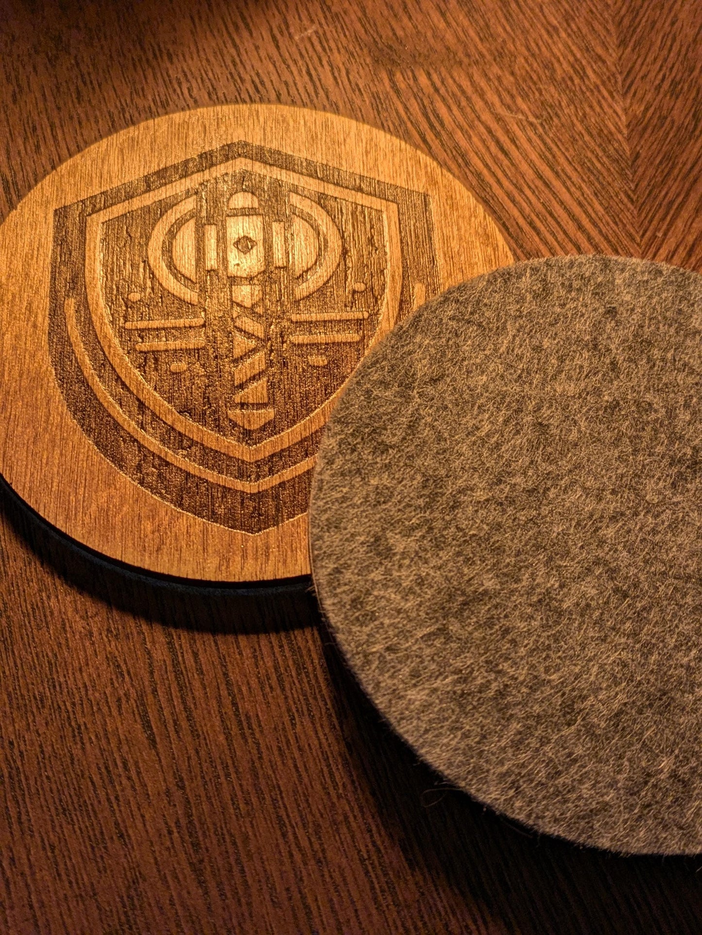 Heraldic Realms Coaster Set | Fantasy Shield Designs | Laser Engraved Wood & Felt