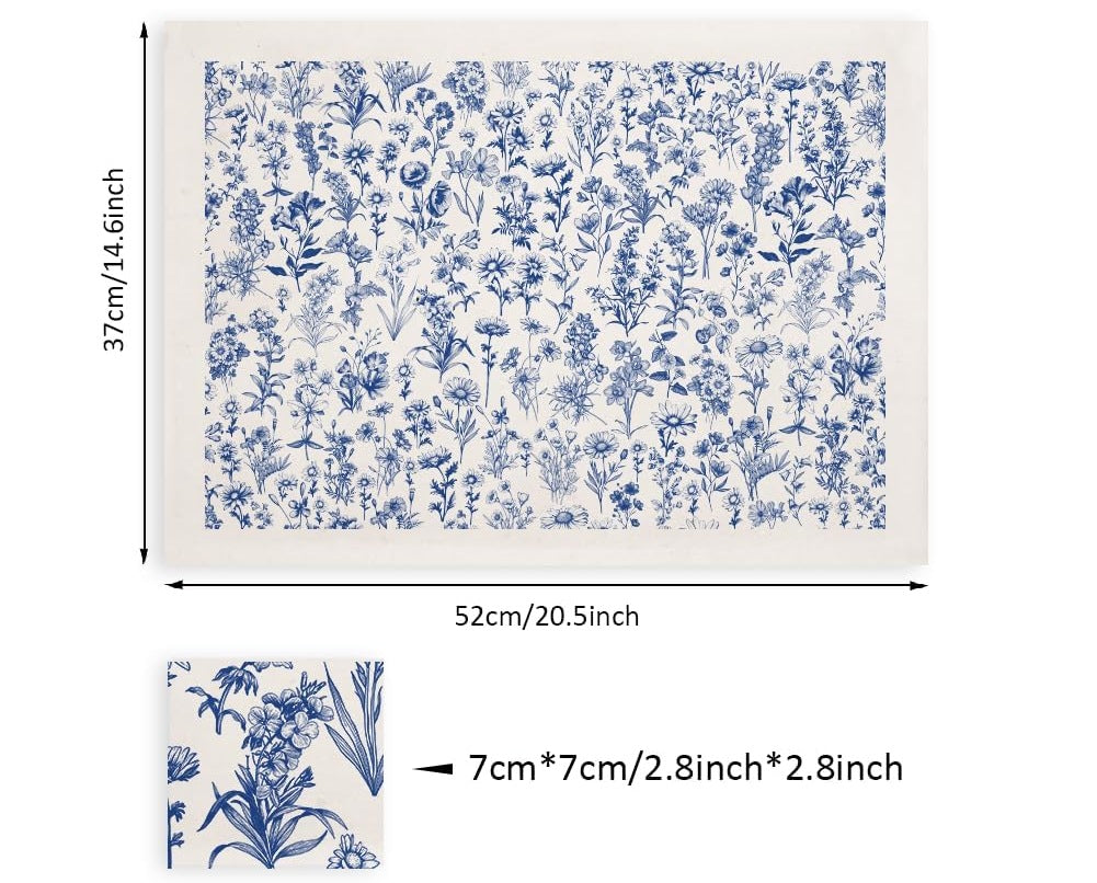 Blue Garden Flowers underglaze transfer sheet – size 37 × 52 cm