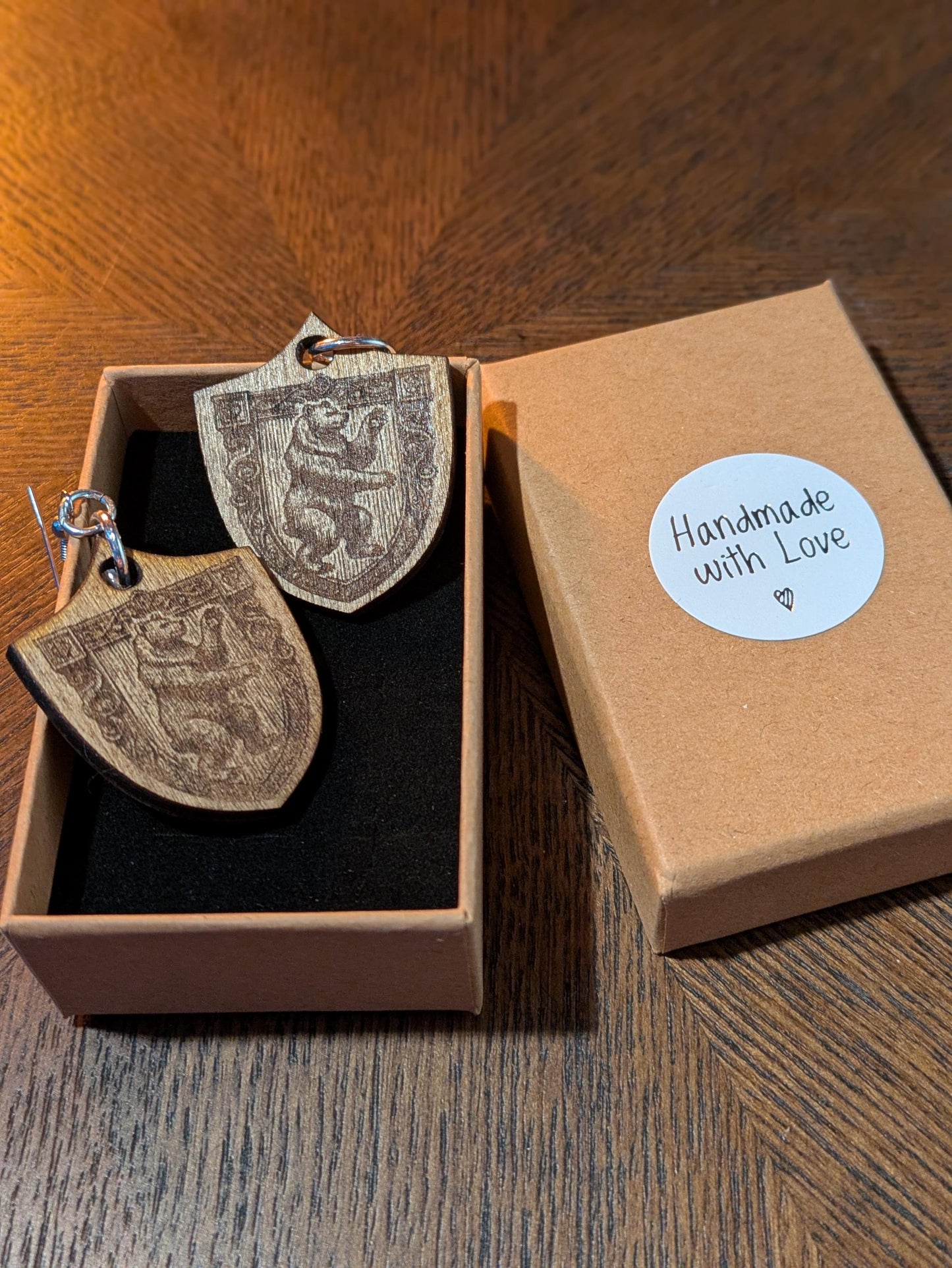 Heraldic Wooden Shield Earrings β Laser Engraved, Medieval Fantasy Jewelry