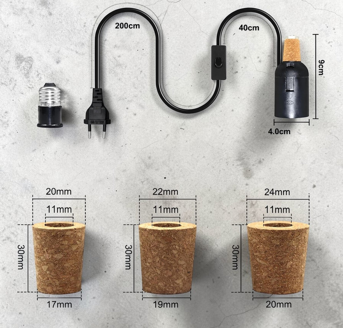DIY‑pullolampun adapteri – E27‑kanta, 3 korkkia, 60W