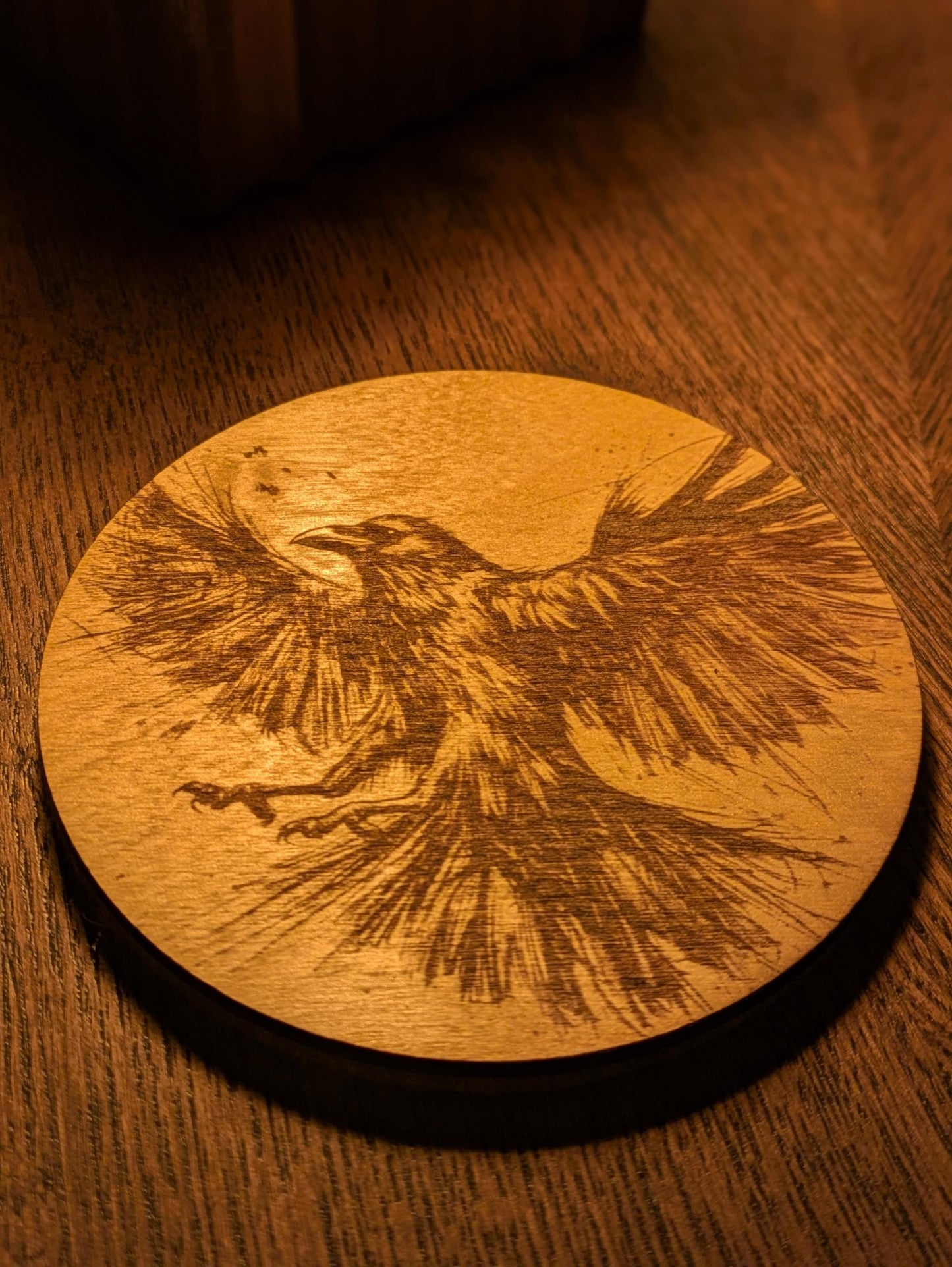 Raven Coasters – Mystical Woodland Drink Coasters – Nordic Bird Art – Birch Plywood & Felt – Handmade