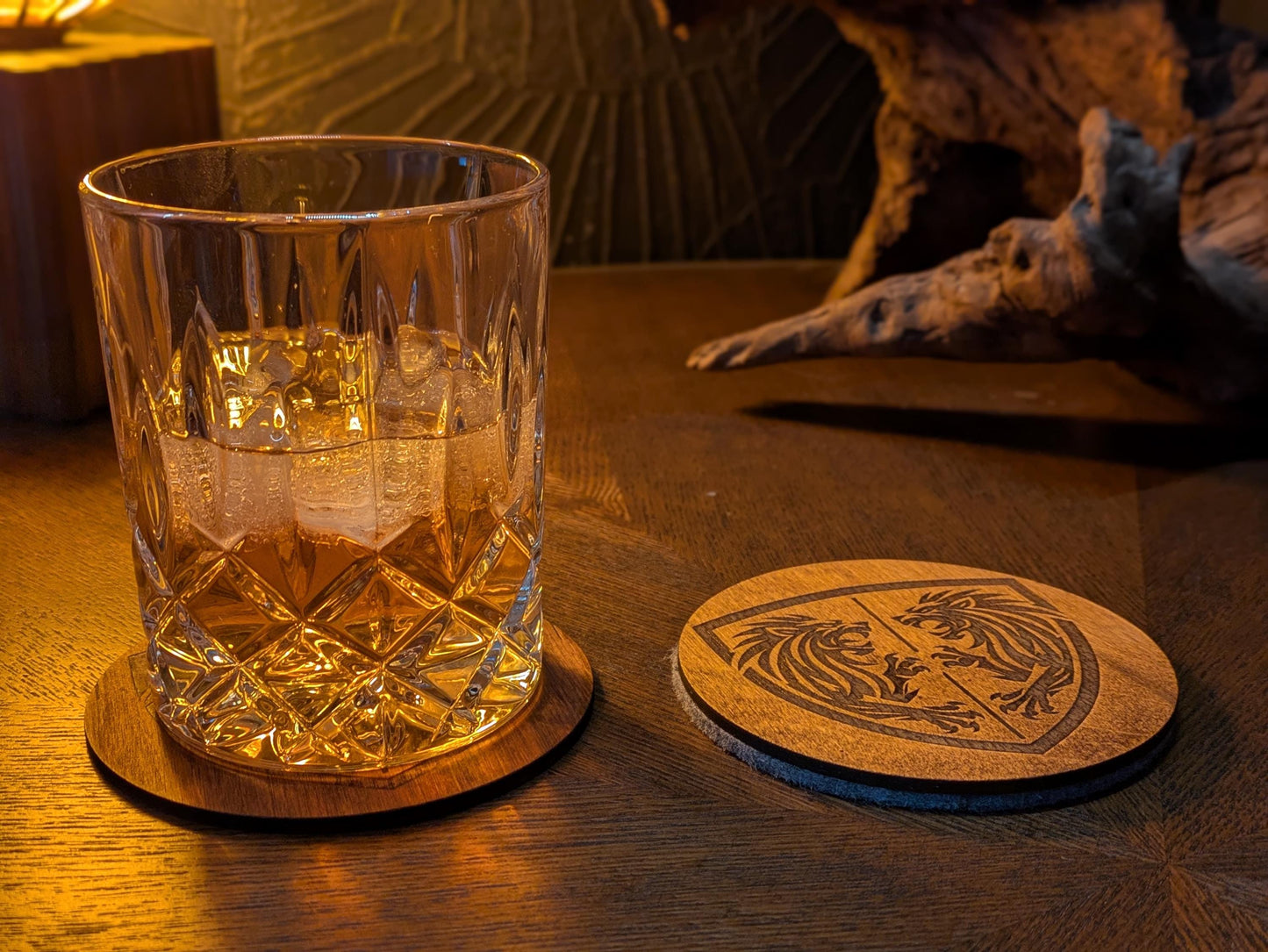 Heraldic Realms Coaster Set | Fantasy Shield Designs | Laser Engraved Wood & Felt