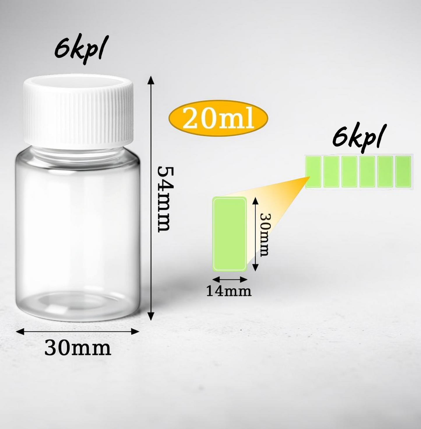 Pienet matkapullot 20 ml, 6 kpl setti – Uudelleenkäytettävät muovipullot tarroilla