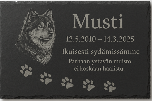 Iso muistokivi lemmikille – Kaiverrettu liuskekivi sisä- tai ulkokäyttöön