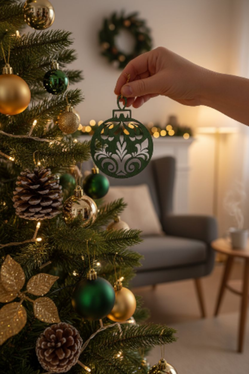 Laserleikattu joulupallo – suomalainen koivuvaneri (6,8 cm)