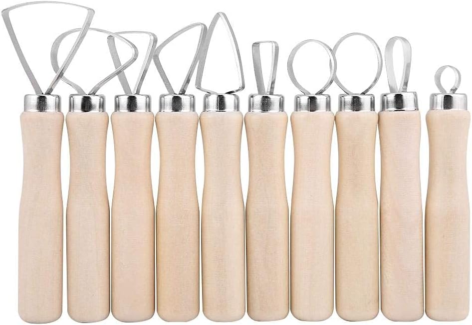 A 10‑piece ceramic sculpting tool set with wooden handles