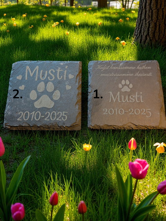 Muistokivi lemmikille – Kaiverrettu liuskekivi sisä- tai ulkokäyttöön