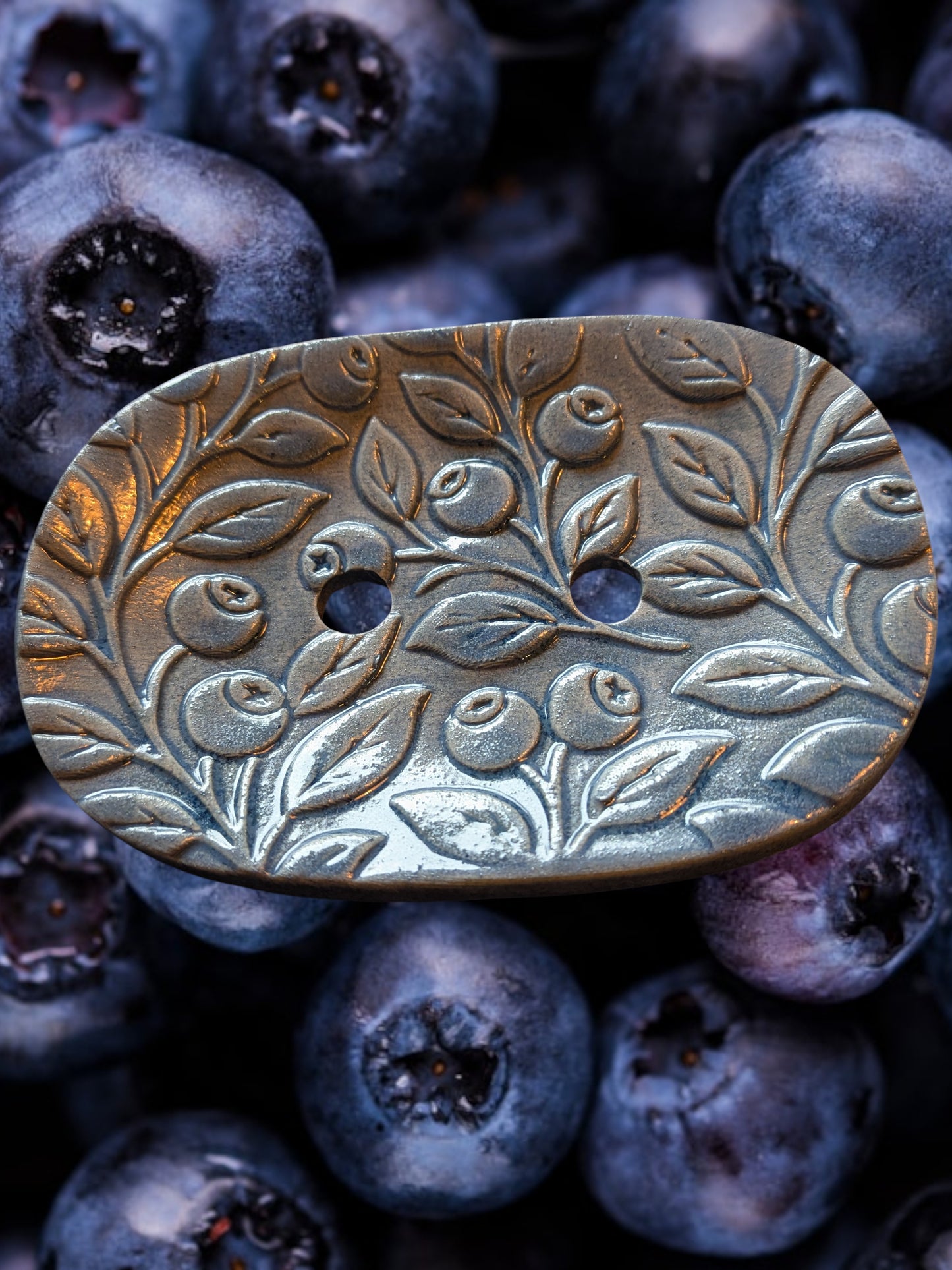 Handmade blueberry-pattern ceramic soap dish and authentic Marseille soap with a fresh forest scent