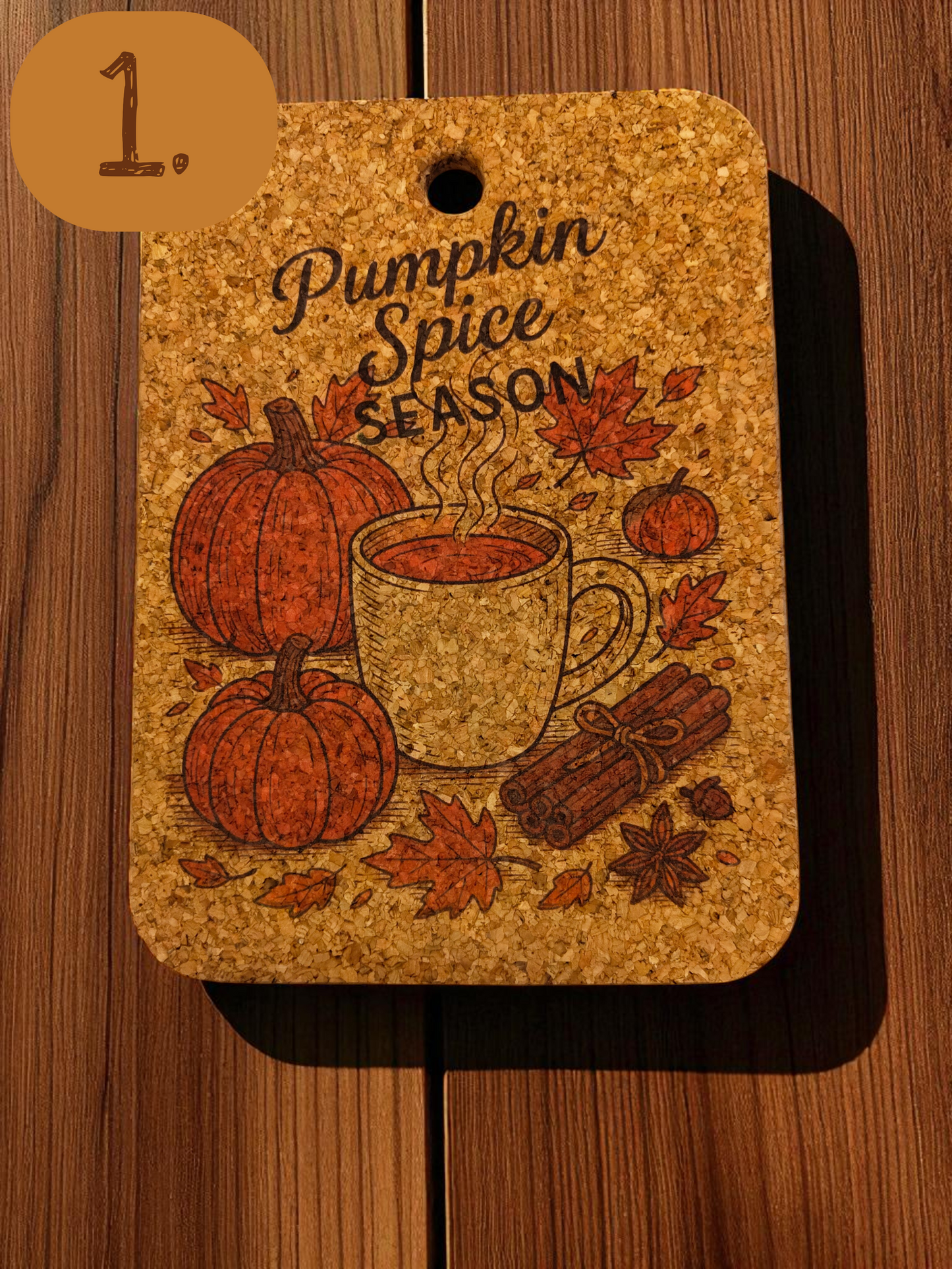 Autumn cork trivet – pumpkin design