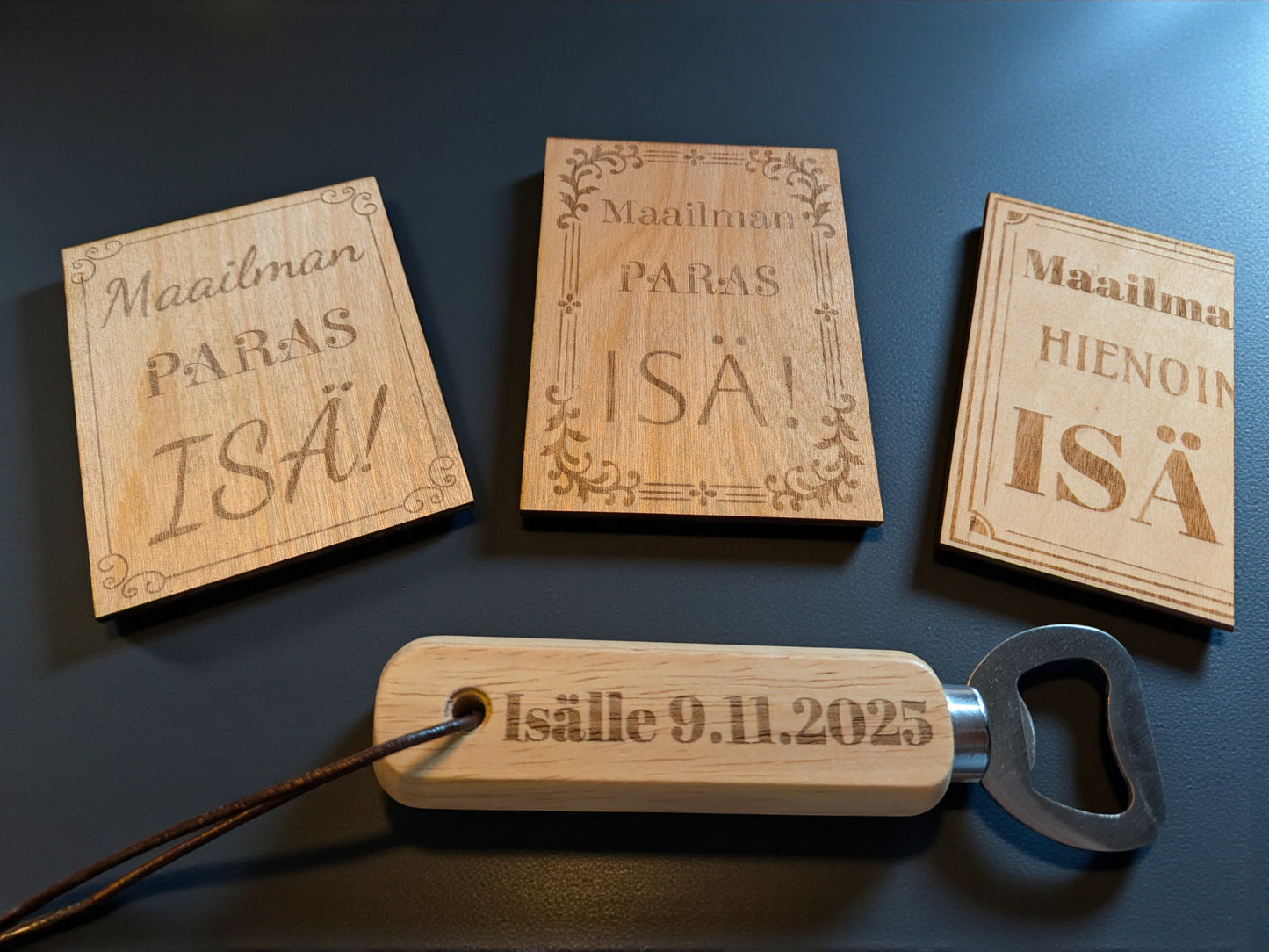 Father's Day gift set - personalized bottle opener and wooden card