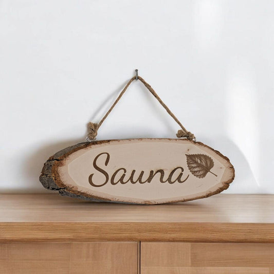 Engraved Wooden Door Sign – "Sauna" or "Huussi" Rustic Plaque | Personalized Text Option | Natural Wood Slice with Rope | Cottage Decor