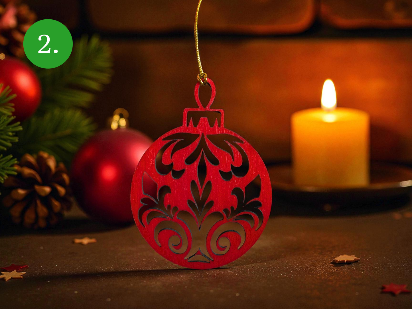 Laserleikattu joulupallo – suomalainen koivuvaneri (6,8 cm)