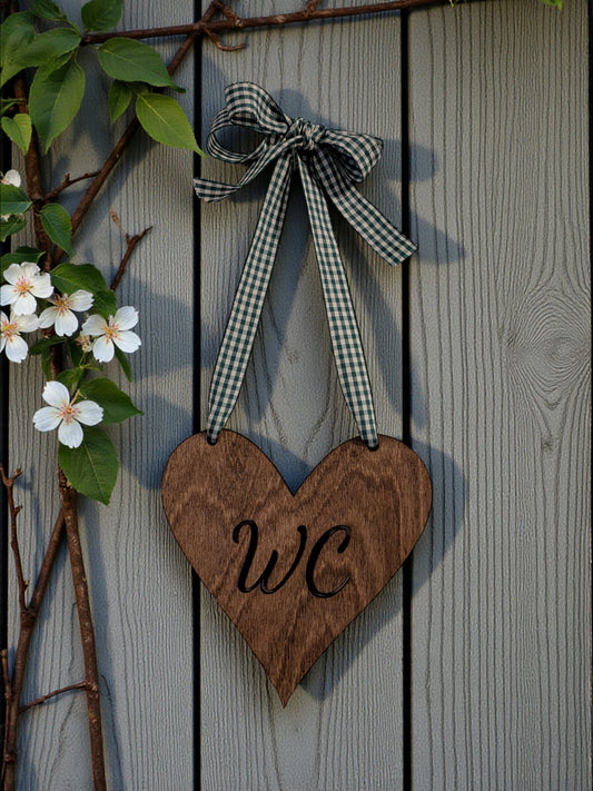 Rustic Wooden WC Heart Sign – Birch Plywood, Cut-Through Letters