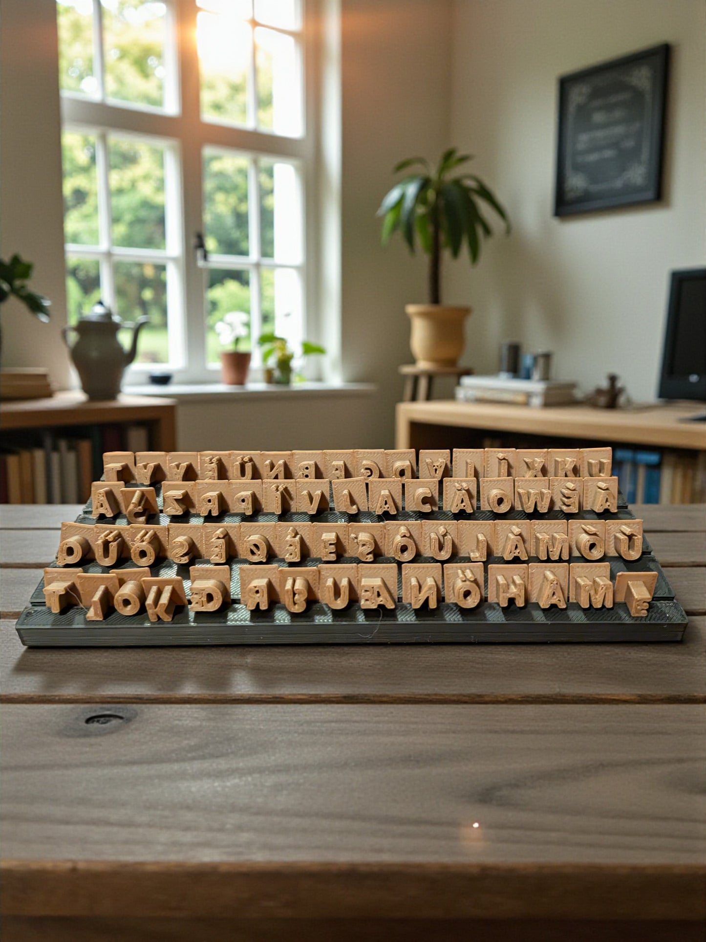 Eurooppalainen kirjainleimasinsetti säilytystelineellä ja sana-asettimella