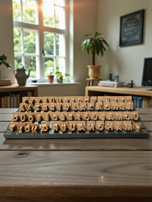 Eurooppalainen kirjainleimasinsetti säilytystelineellä ja sana-asettimella