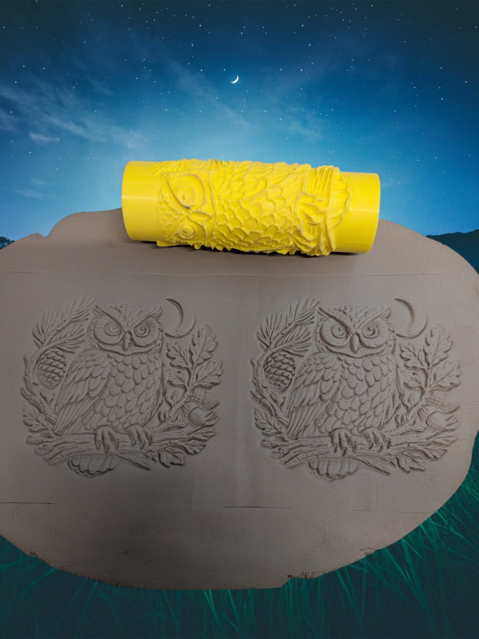 Night Owl pattern roller for ceramics and polymer clay by Icewood Atelier