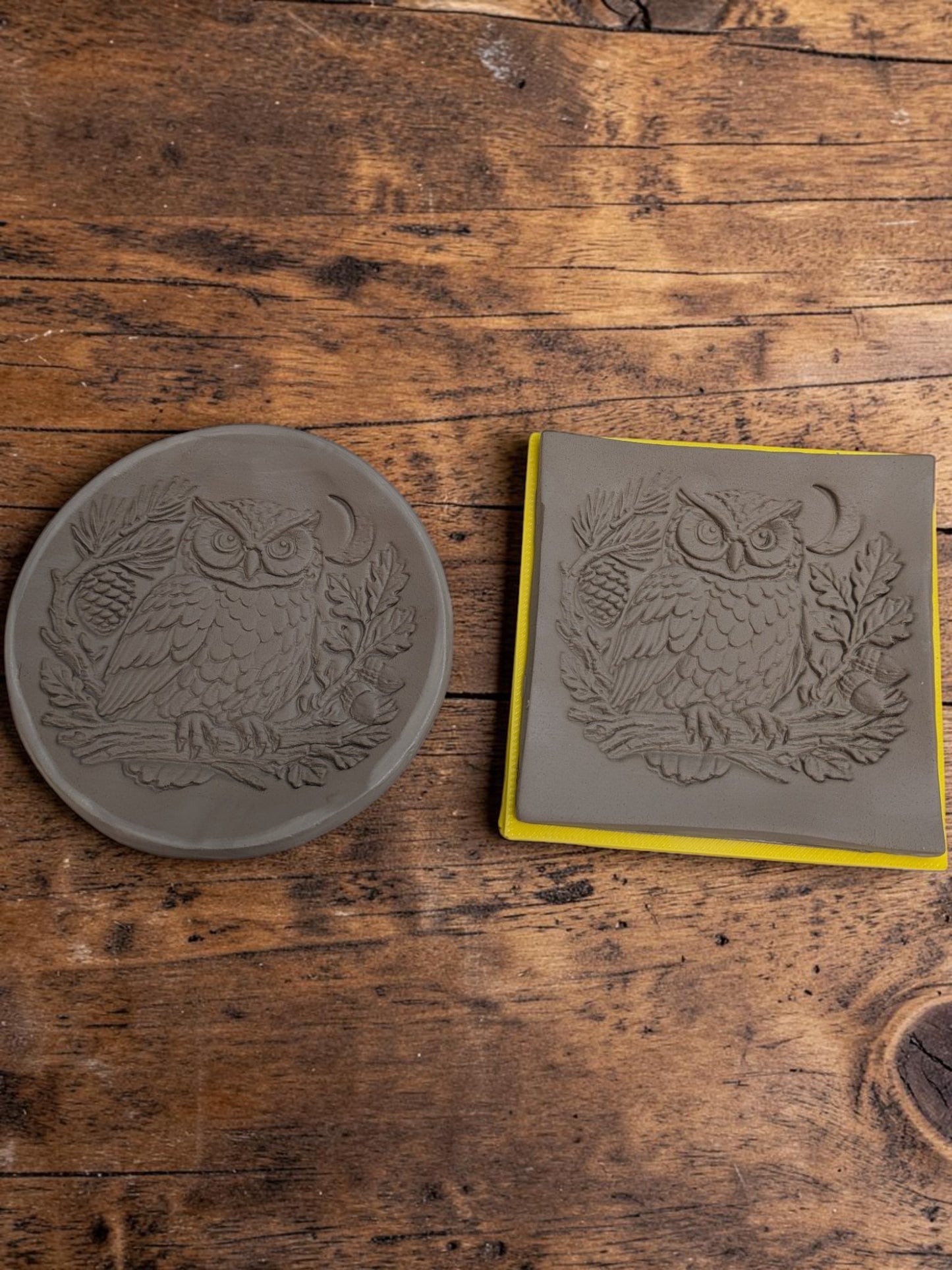 Night Owl texture roller pressed into clay showing owl pattern