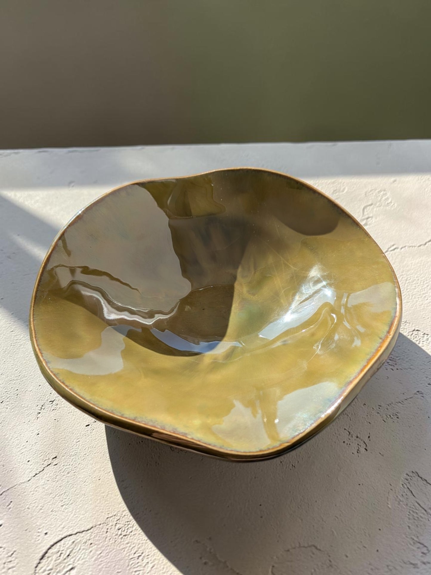 Organic Amber & Olive Glazed Ceramic Bowl