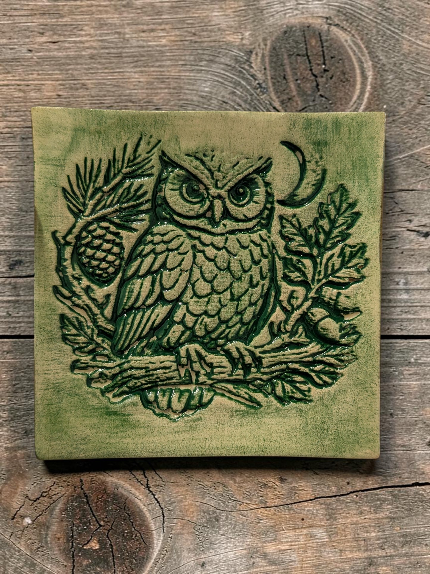 Owl in the Pines Ceramic Relief Tile – Handmade Wall Art & Trinket Dish