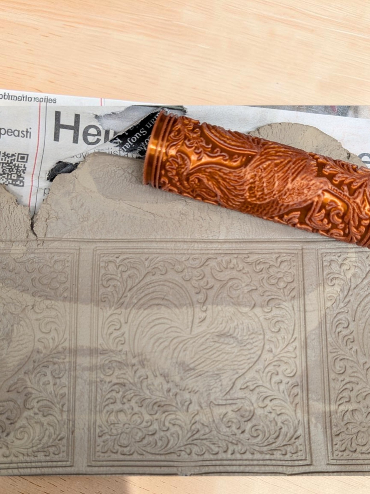 Rooster pattern roller for ceramics and polymer clay by Icewood Atelier
