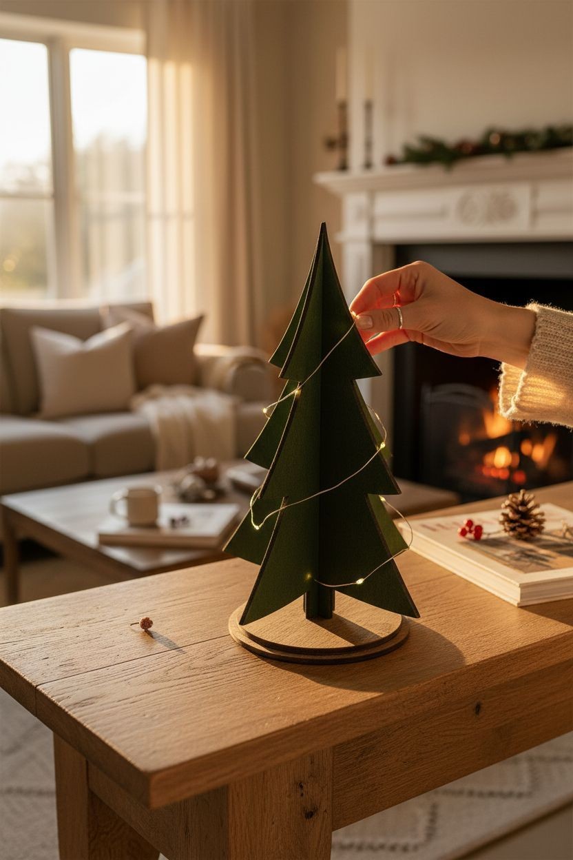 Vihreä koivuvanerista valmistettu pöytäkuusi