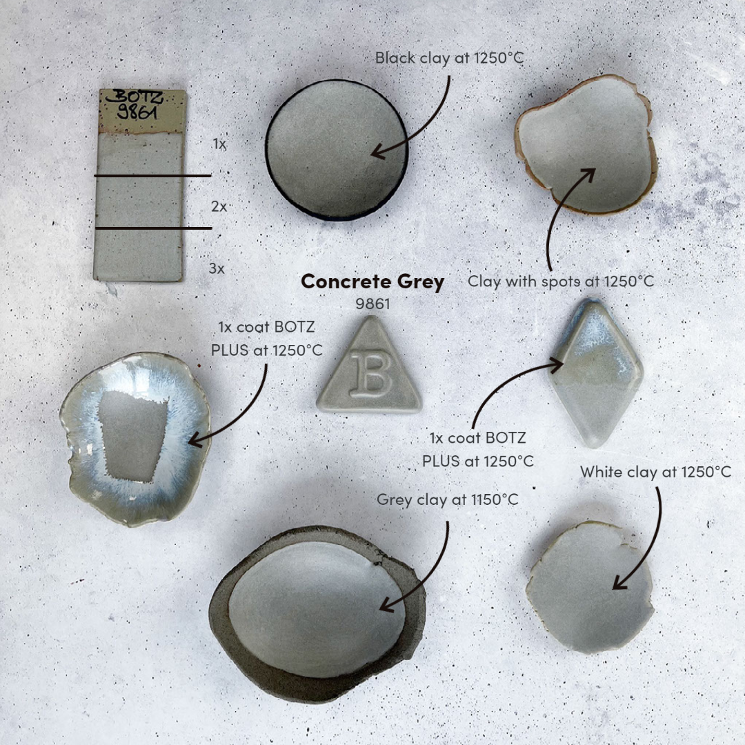 BOTZ 9861 Concrete Grey on different clays and with BOTZ PLUS