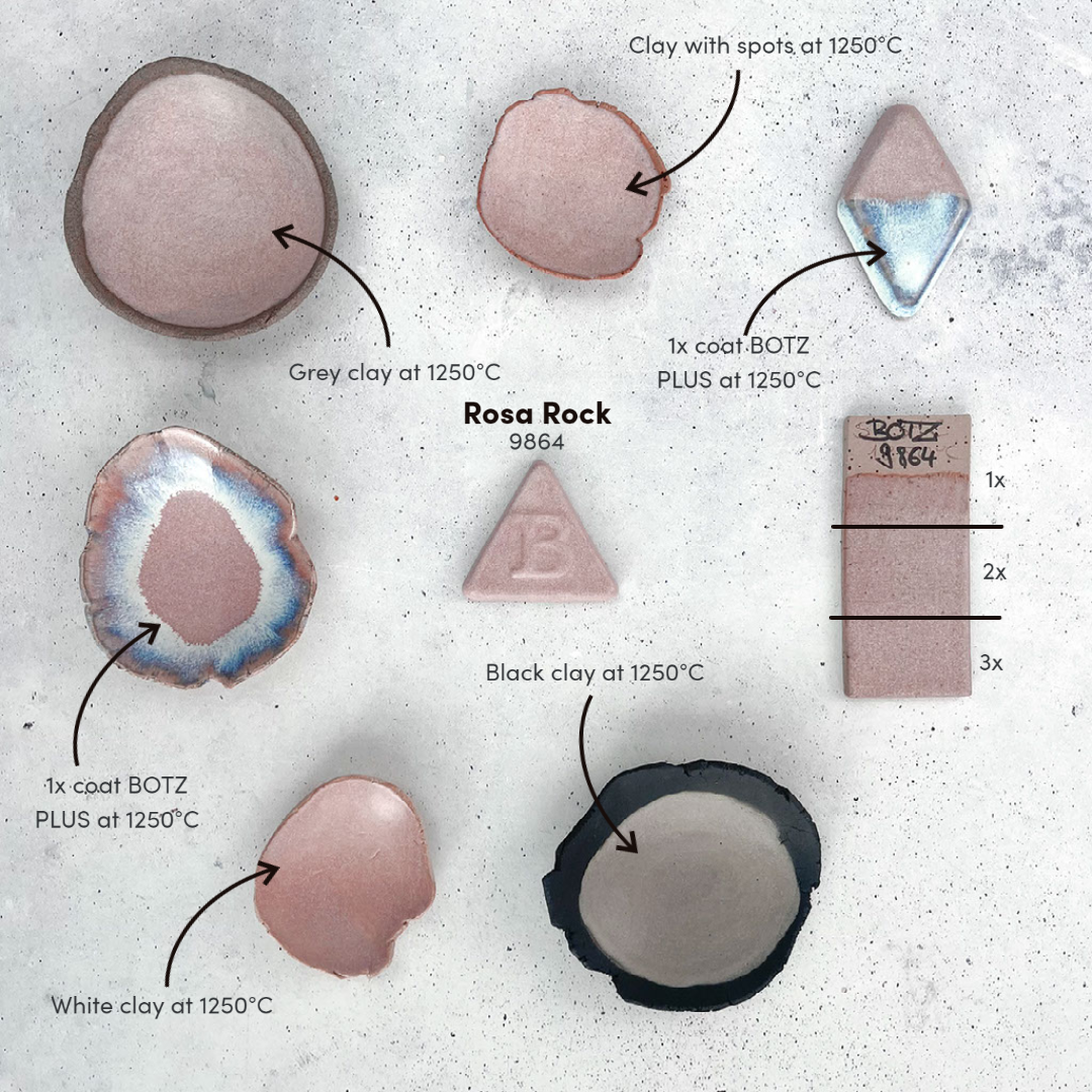 BOTZ 9864 Rose Rock on grey, white, speckled and black clay and with BOTZ PLUS