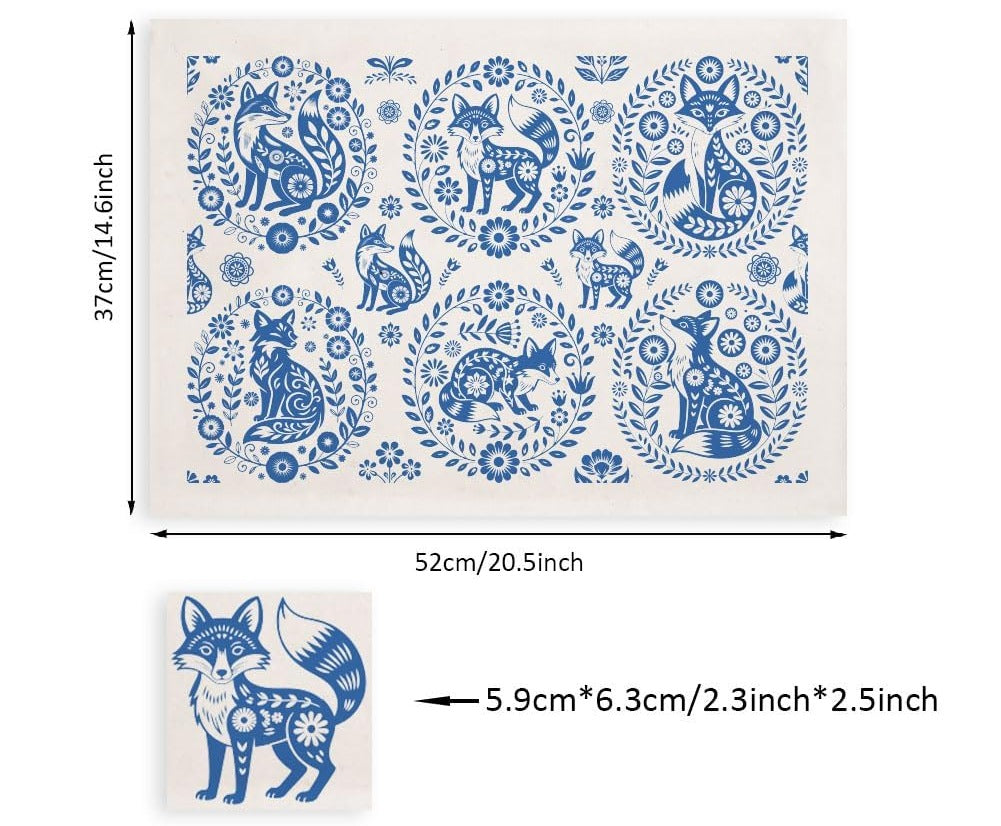 Blue Folk Art Fox underglaze transfer sheet – size 37 × 52 cm