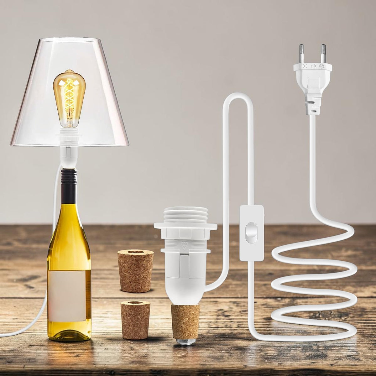 DIY Bottle & Ceramic Lamp Kit – Black E14 Socket with Switch, Cable & Cork Adapters