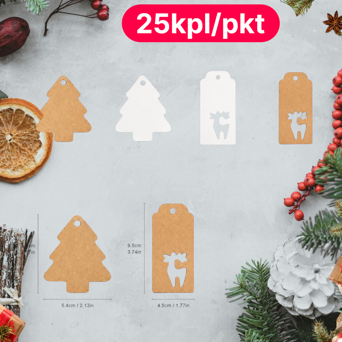 Joulun lahjalaput – 25 kpl | Poro- ja joulukuusiaiheet