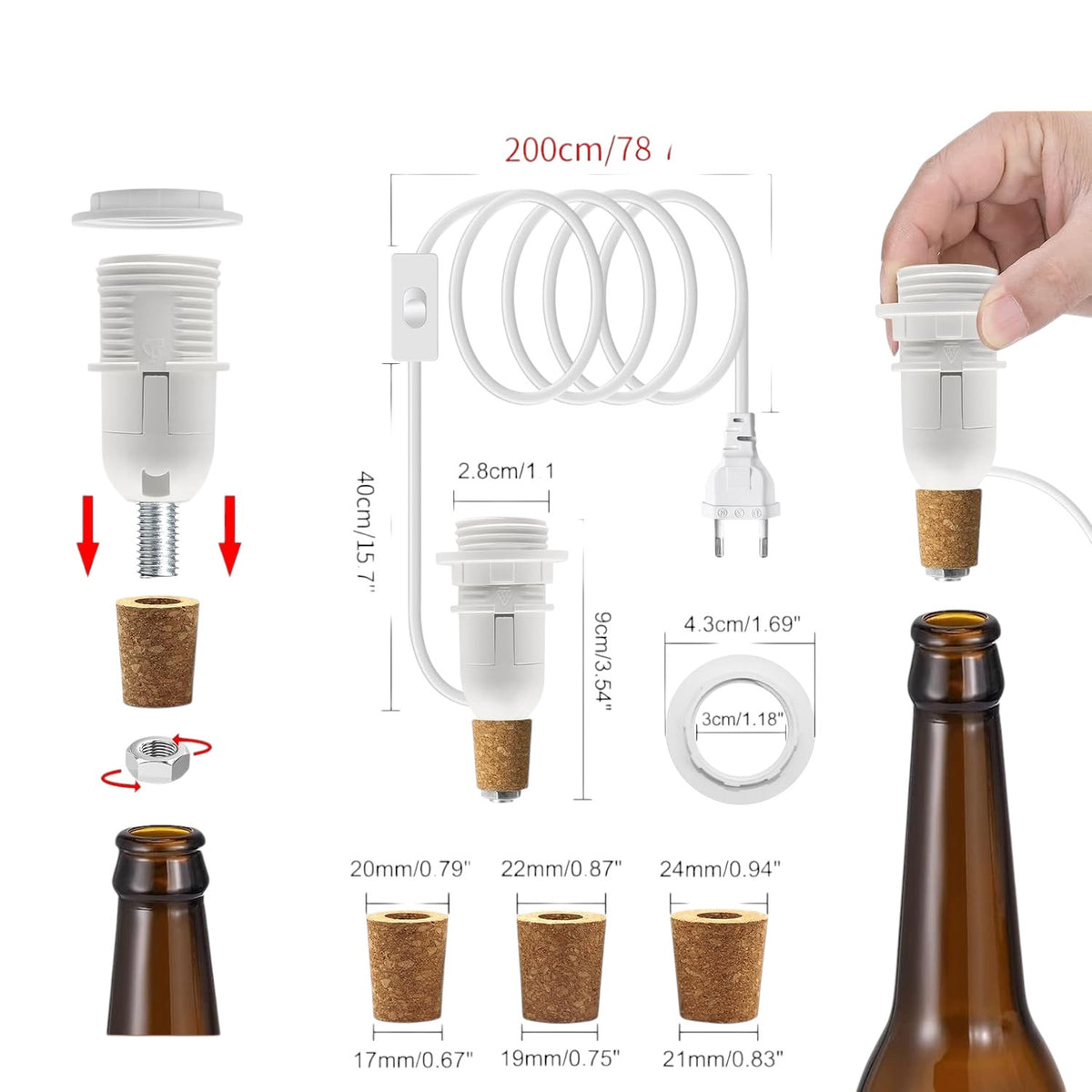 DIY Bottle & Ceramic Lamp Kit – Black E14 Socket with Switch, Cable & Cork Adapters