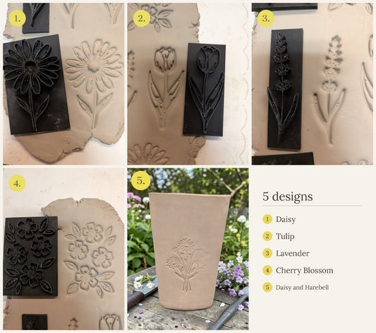 Floral texture stamps for clay – 5 designs: Daisy, Tulip, Lavender, Cherry Blossom, Daisy and Harebell