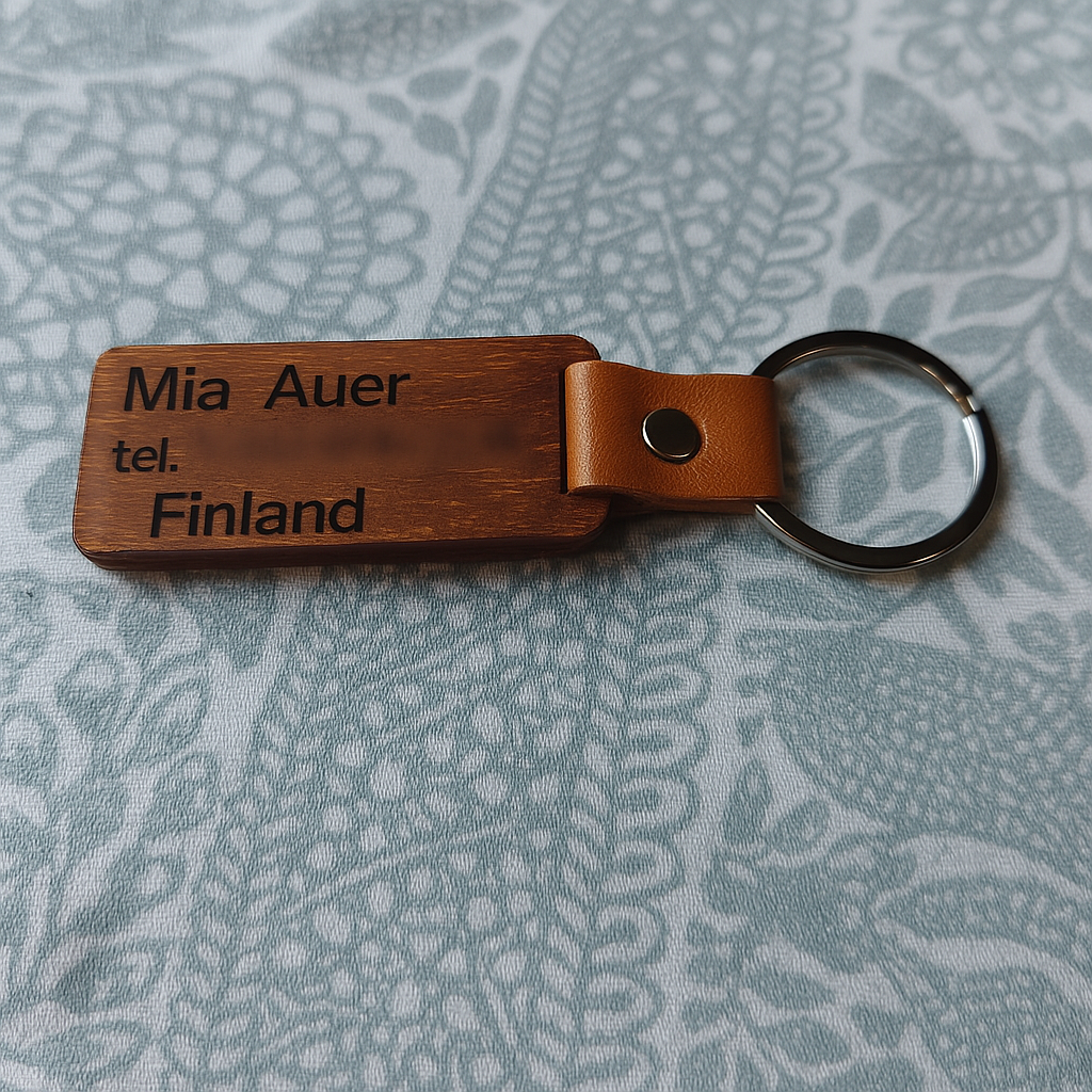 Kaiverrettu puinen avaimenperä – pyökkiä, nahkalenkki ja metallirengas. Personointi kaiverruksella.