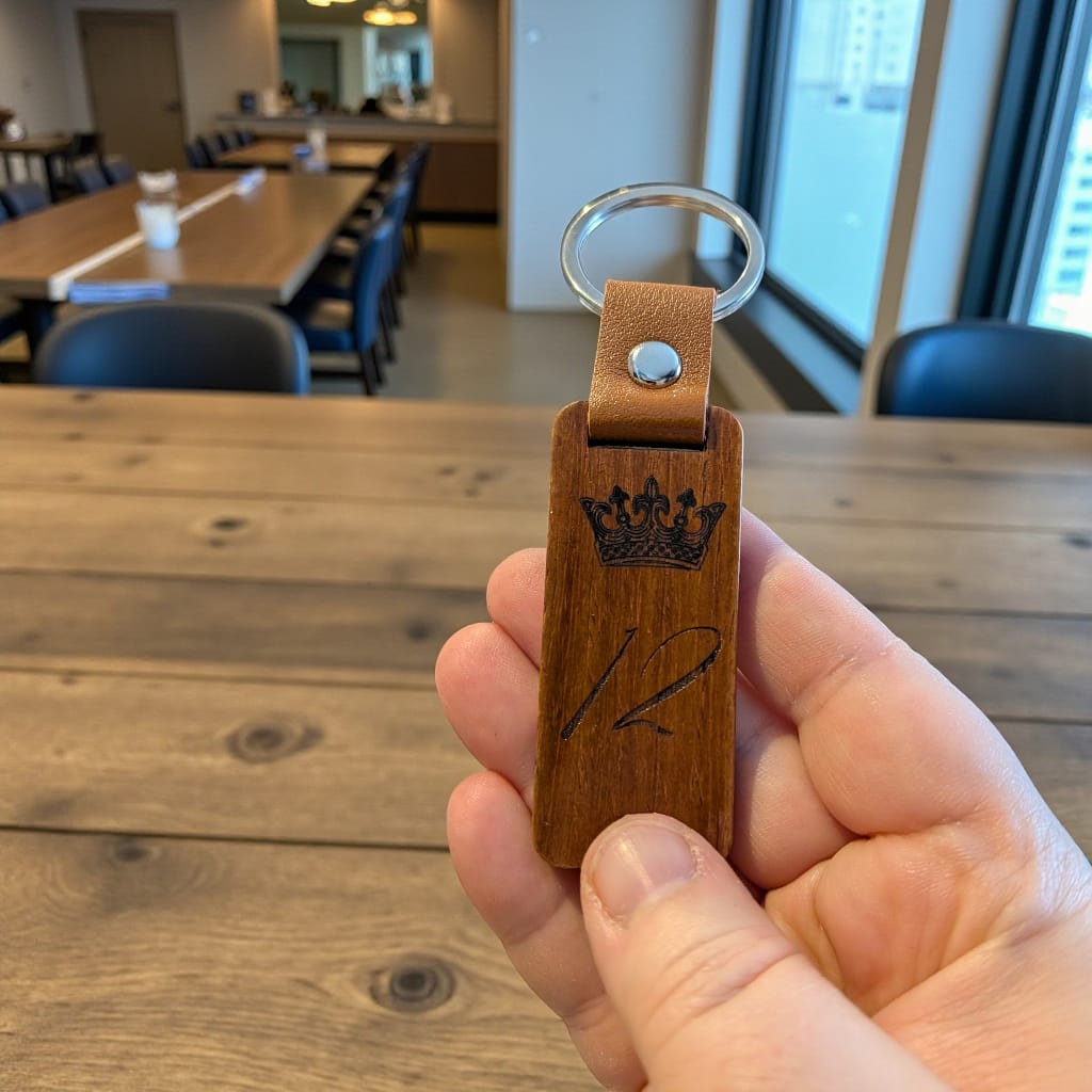 Kaiverrettu puinen avaimenperä – pyökkiä, nahkalenkki ja metallirengas. Personointi kaiverruksella.