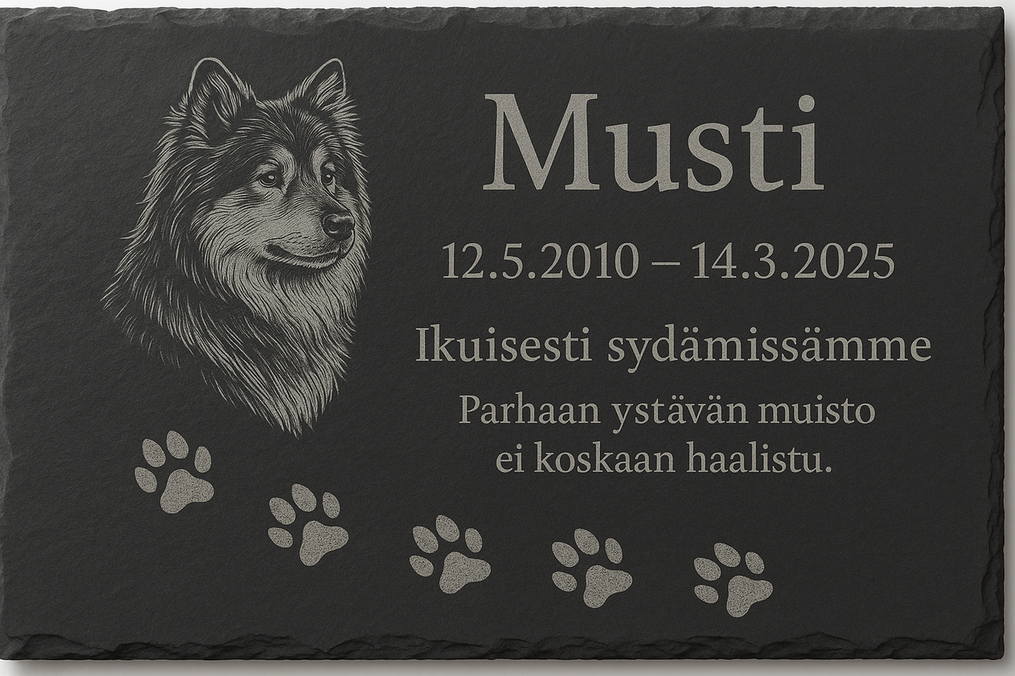 Iso muistokivi lemmikille – Kaiverrettu liuskekivi sisä- tai ulkokäyttöön
