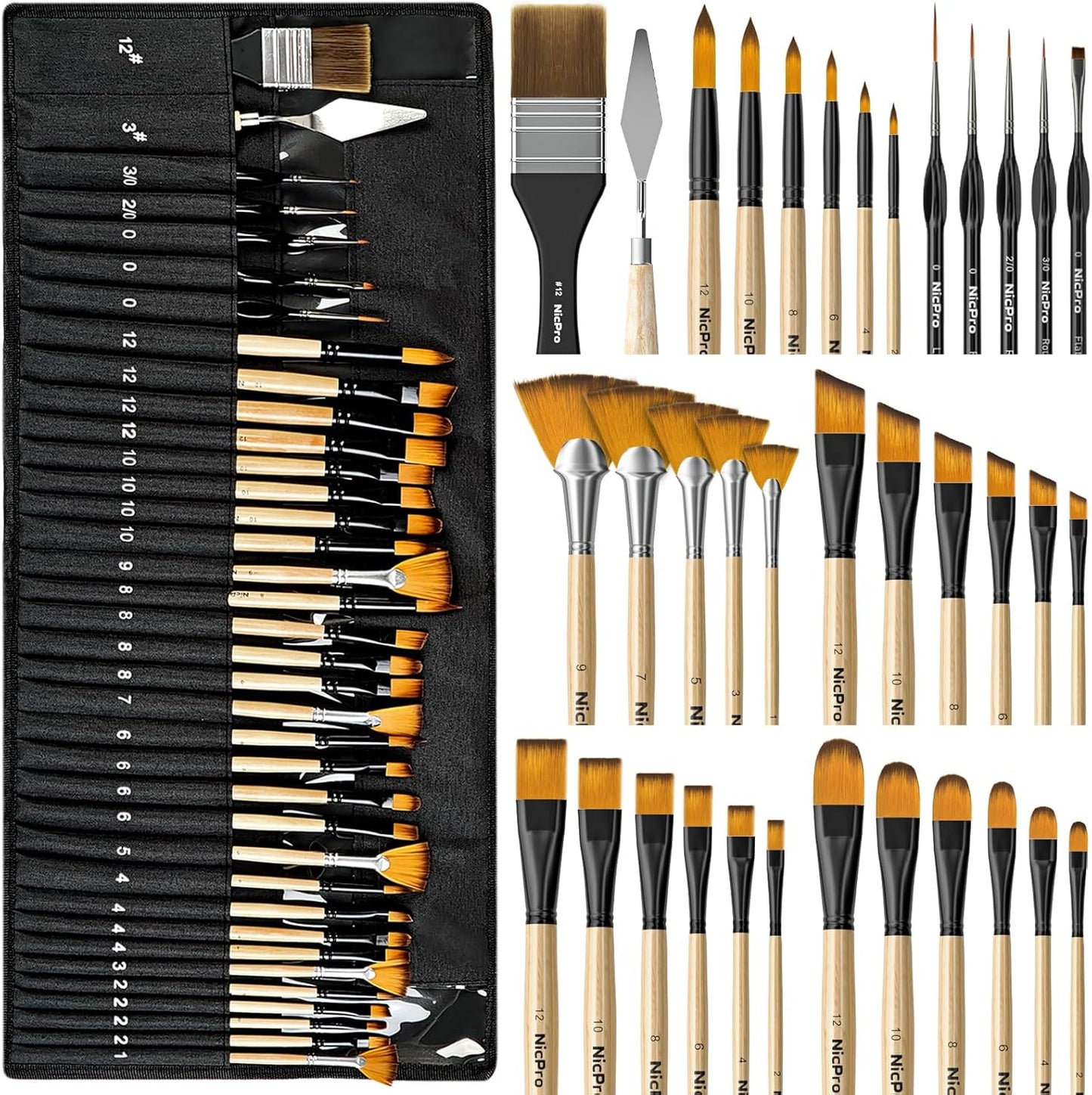Nicpro 36pc Paint Brush Set with Palette Knife and Canvas Roll